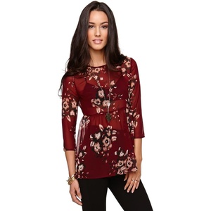 image:imageONEILL Caitlyn Burgundy Floral Sheer 34 Sleeve Juniors Blouse Medium
